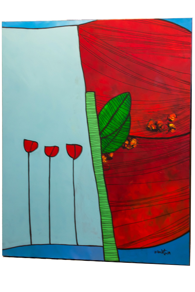 Peinture Acrylique sur toile trois fleurs rouge 100x80 cm*